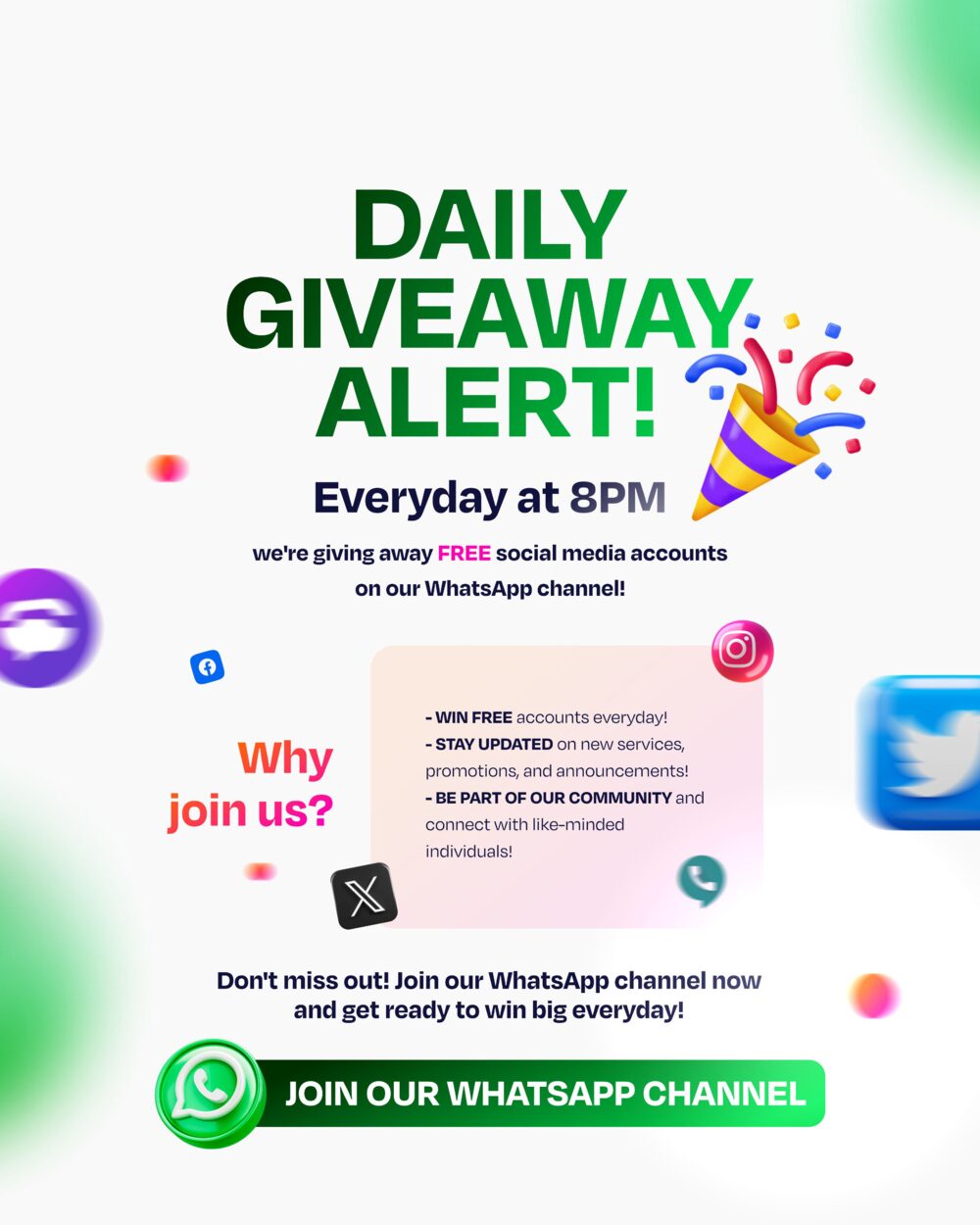 Daily giveaway alert — free social media accounts every day at 8PM on our WhatsApp channel.